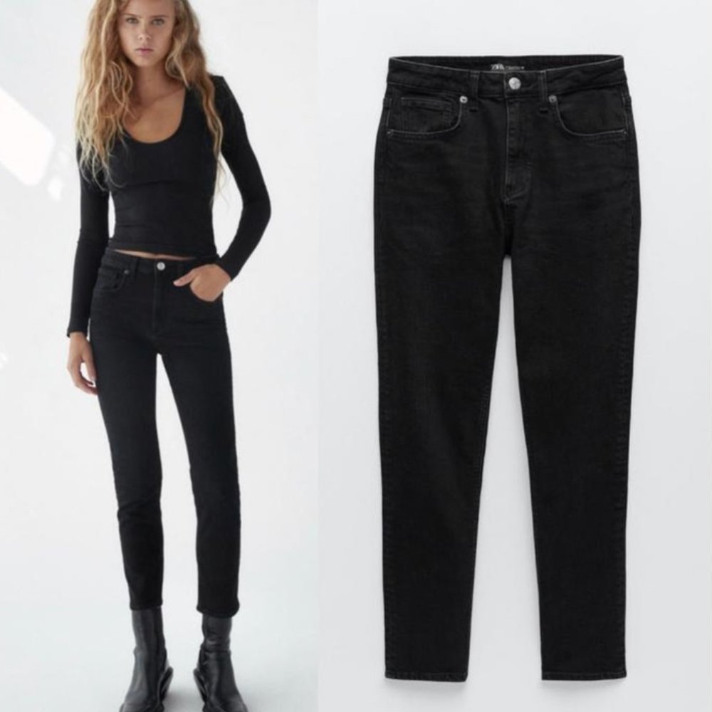 Zara Black Jeans NEW Slim Cut Hi-Rise Ankle Length Size 14